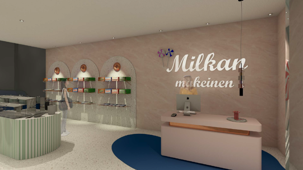 Milkan makeinen karkkikauppa, yleisnäkymä kassalle ja myymälään.