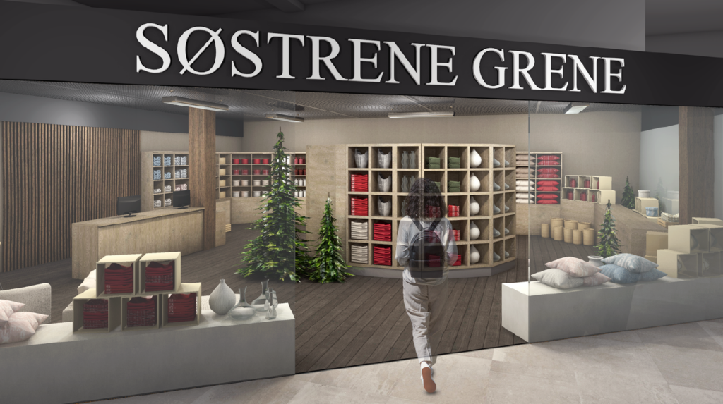 Søstrene Grene -myymäläkonsepti, näkymä sisääntulosta sisustusmyymälään.